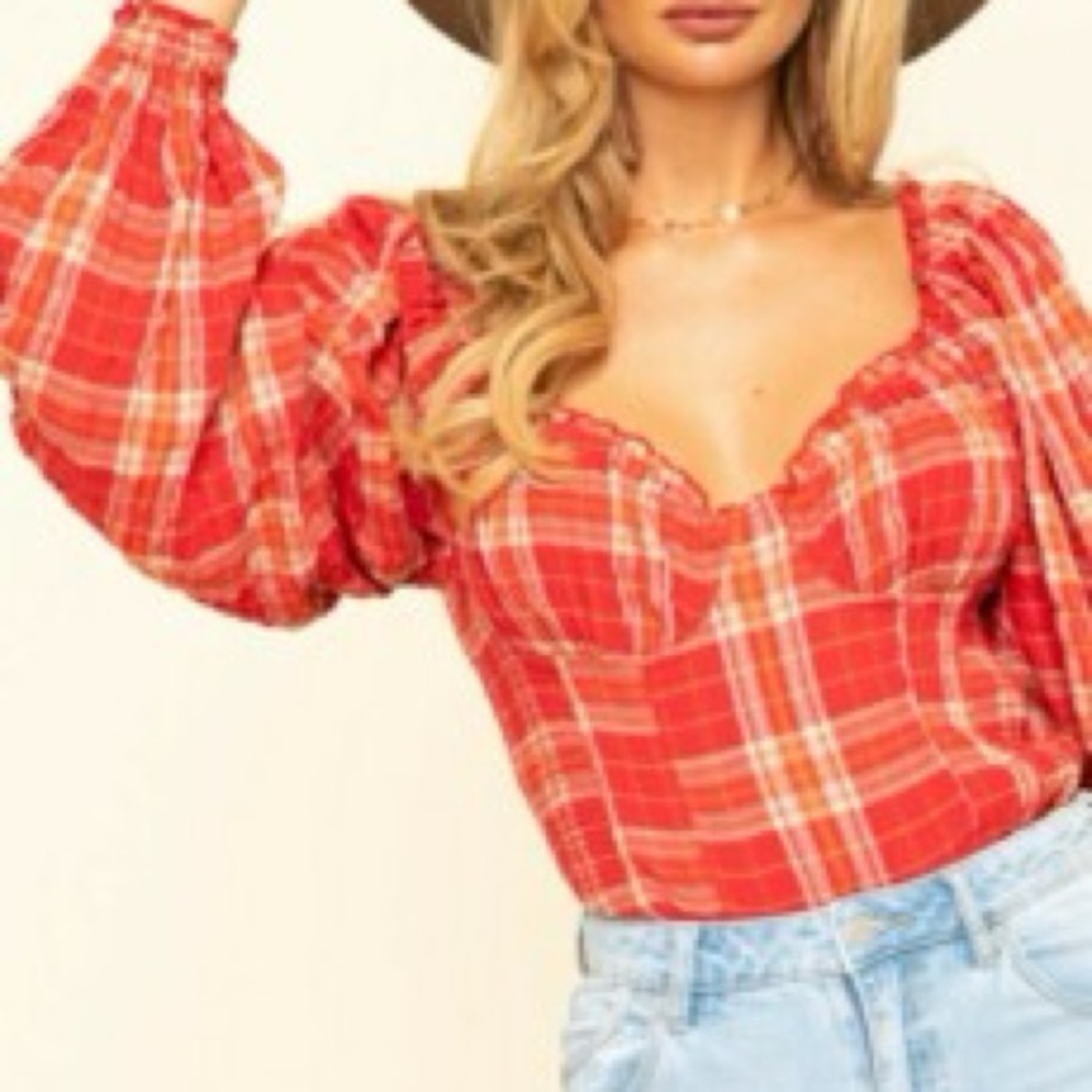 Free people plaid cherry bomb puff sleeve corset coquette cottage blouse large - Picture 5 of 6